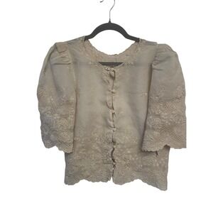 Vintage 80s Embroidered Puff Sleeve Blouse Women's M Taupe Cottagecore Boho Top